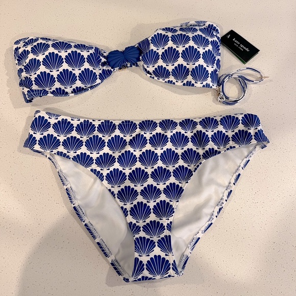 🦀kate spade new york Seashell Print Blue Bandeau Bikini Top and Bottom NWT - Picture 2 of 12